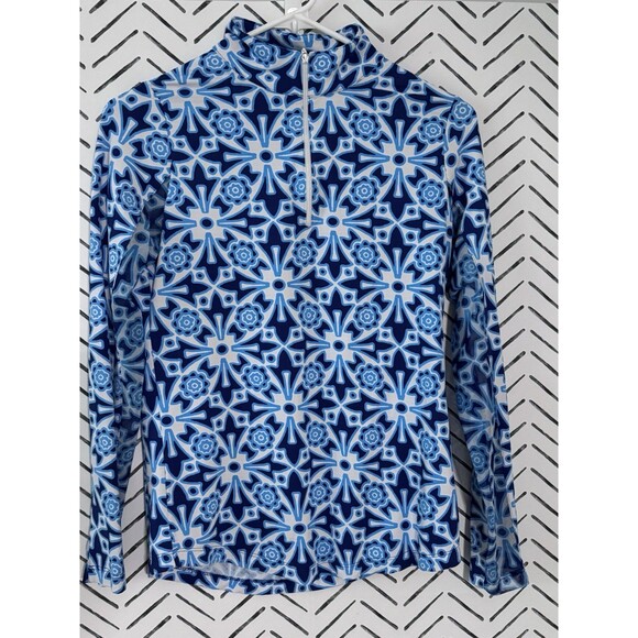 IBKUL Mock Neck Moroccan Tile Blue Long Sleeve 1/4 Zip Sun Shirt UPF50+ Size XS - Picture 1 of 5